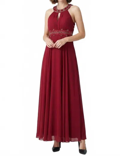 Sue Wong Halter Beaded Cutout Back Evening Dress In Port In Red