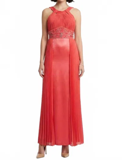 Sue Wong Halter-style Beaded Waist Accordion Dress In Persimmon In Red
