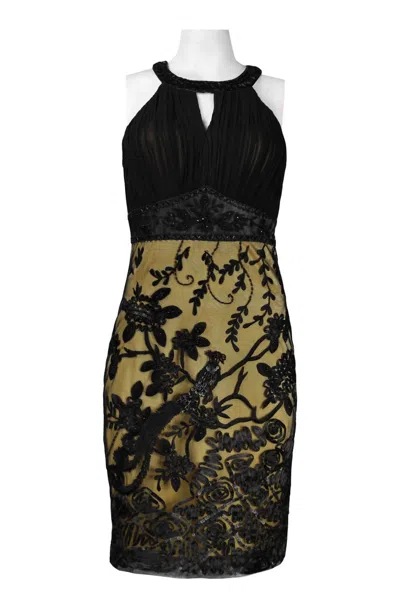 Sue Wong Keyhole Appliqué Mesh Sheath Dress In Black Gold In Multi