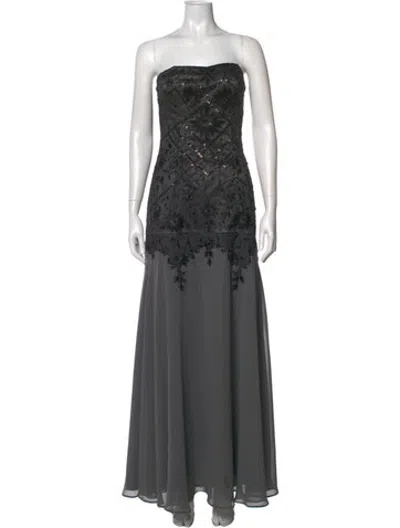 Pre-owned Sue Wong Lace Pattern Long Dress In Grey