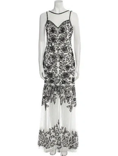Pre-owned Sue Wong Lace Pattern Long Dress In White