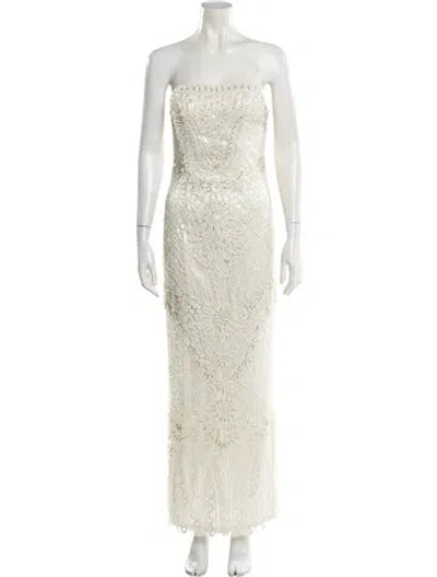 Pre-owned Sue Wong Lace Pattern Long Dress In White