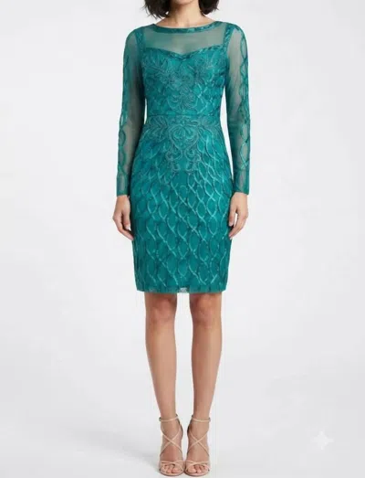 Sue Wong Long Sleeve Embroidered Open-back Dress In Peacock In Green