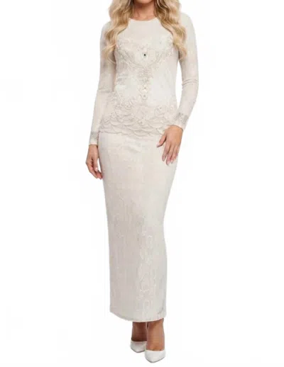 Sue Wong Long Sleeve Floral Lace Evening Dress In White