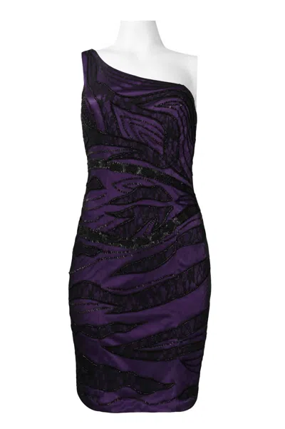 Sue Wong One Shoulder Lace Embellished Dress In Black Grape In Purple