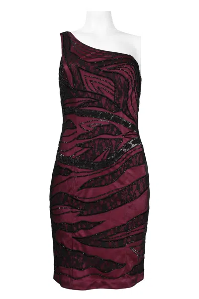 Sue Wong One Shoulder Lace Embellished Dress In Black Magenta In Burgundy