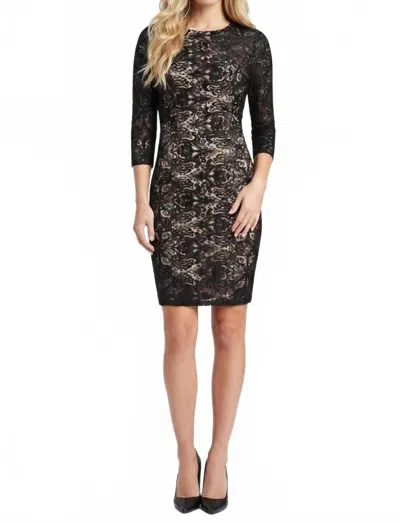 Sue Wong Ornament Motif 3/4 Sleeve Open-back Dress In Black