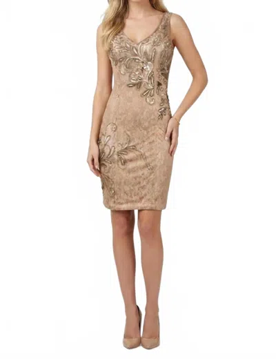 Sue Wong Sleeveless Bodycon Embellished Lace Dress In Taupe In Yellow