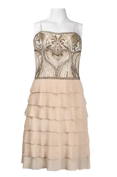 Sue Wong Spaghetti Strap Beaded Accordion Dress In Champagne In White