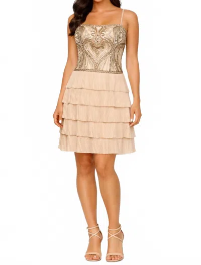 Sue Wong Spaghetti Strap Beaded Accordion Dress In Champagne In White