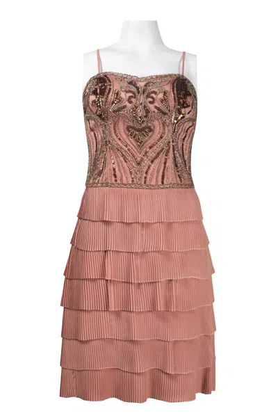 Sue Wong Spaghetti Strap Beaded Accordion Dress In Sandalwood In Brown
