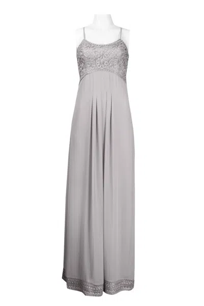 Sue Wong Spaghetti Strap Beaded Long Evening Dress In Platinum In Silver