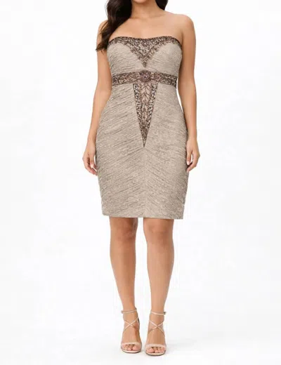 Sue Wong Strapless Beaded Empire Waist Lace Dress In Taupe In Gray