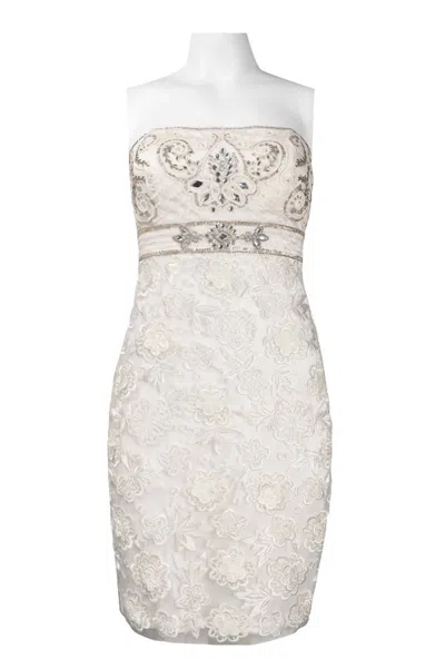 Sue Wong Strapless Beaded Floral Mesh Empire Dress In White