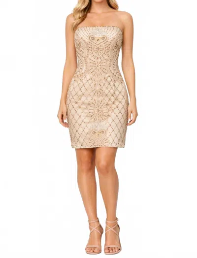 Sue Wong Strapless Beaded Ribbon Swirl Mesh Dress In Champagne In Neutral