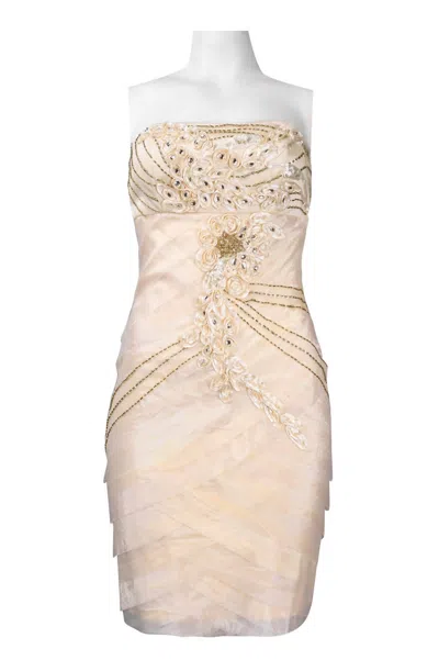 Sue Wong Strapless Ribbon Applique Beaded Dress In Champagne In Brown