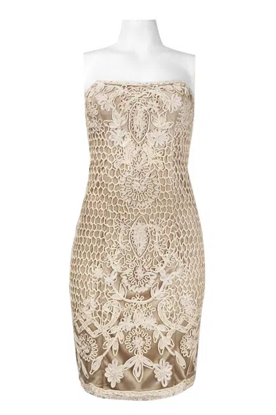 Sue Wong Strapless Scalloped Embroidered Dress In Beige In Gold
