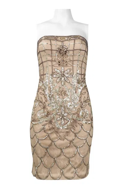 Sue Wong Strapless Sequined Scalloped Sheath Dress In Beige In Brown