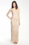 Sue Wong V-neck Embroidery & Bead Overlay Gown In Antique Champagne