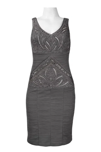 Sue Wong V-cut Neck Ribbon Ruched Cocktail Dress In Charcoal In Gray