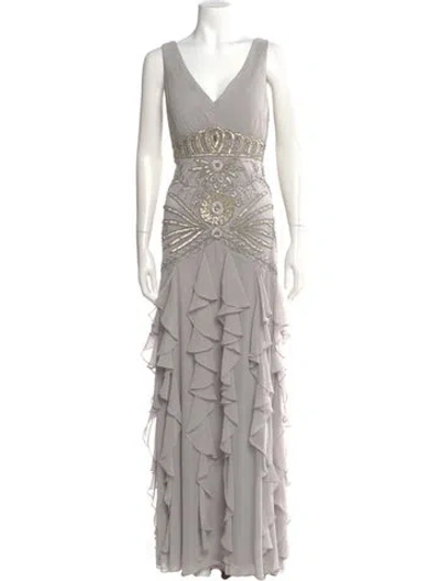 Pre-owned Sue Wong V-neck Long Dress In Gray