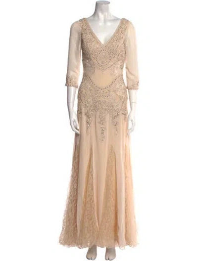 Pre-owned Sue Wong V-neck Long Dress In Neutral