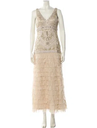 Pre-owned Sue Wong V-neck Long Dress In Neutral