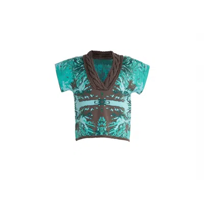 Süel Knitwear Women's Blue / Green / Brown Tree Braided V-neck Short-sleeved Knitted Sweater Fjord-taupe In Blue/green/brown