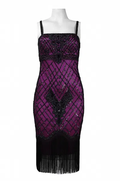 Suewong Beaded Sequin Fringe Empire Party Dress In Black Raspberry In Multi