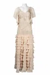 Suewong Flutter Sleeve Embroidered Tiered Dress In Antique Champagne In Multi