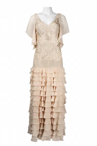 Suewong Flutter Sleeve Embroidered Tiered Dress In Antique Champagne In Multi