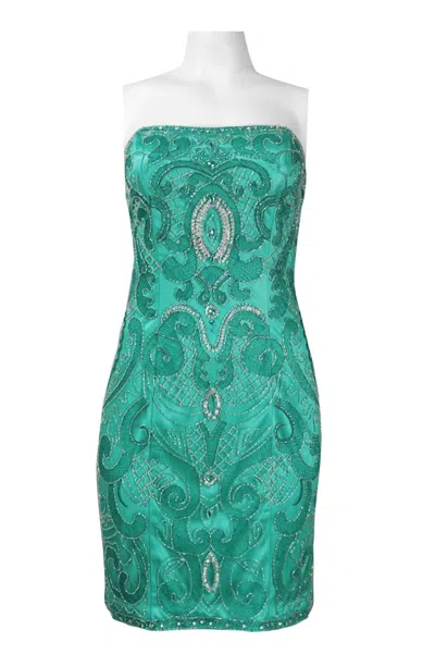 Suewong Strapless Beaded Swirl Mesh Overlay Dress In Jade In Blue