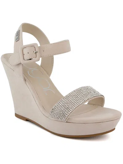 Sugar Chili Womens Faux Suede Rhinestone Wedge Sandals In Beige