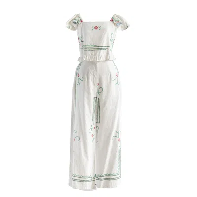 Sugar Cream Vintage Re-design Upcycled Green Cross Stitch Embroidery White Set In Green/white