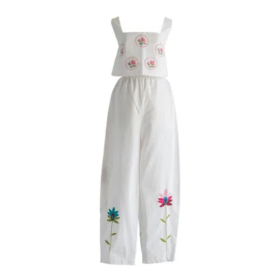 Sugar Cream Vintage Re-design Upcycled Rose Cross-stitch Embroidery Top Trouser Set In White