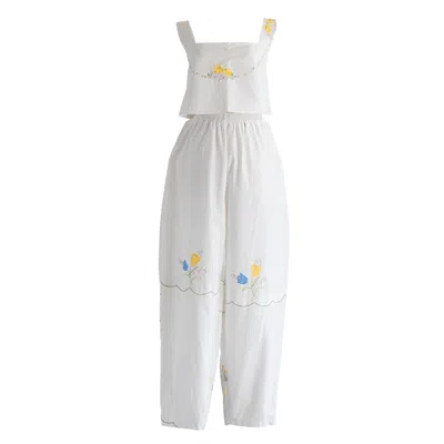 Sugar Cream Vintage Re-design Upcycled Tulip & Chick Embroidery Top Set In White