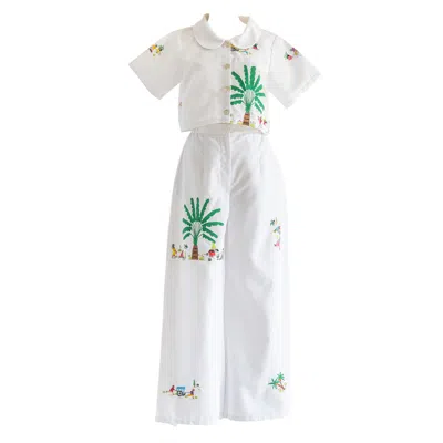 Sugar Cream Vintage Re-top & Trousers Embroidered Palm Tree Landscape Set In White