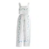 Sugar Cream Vintage White Re-design Upcycled Blue Spiral Embroidery Top Trouser Set In White