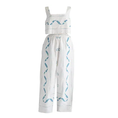 Sugar Cream Vintage White Re-design Upcycled Blue Spiral Embroidery Top Trouser Set