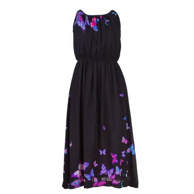 Sugar Cream Vintage Women's Black Chiffon Vintage Dress With Pink Butterflies