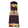 Sugar Cream Vintage Women's Black Geometric Print Polyester Vintage Dress With Chinese Collar In Black