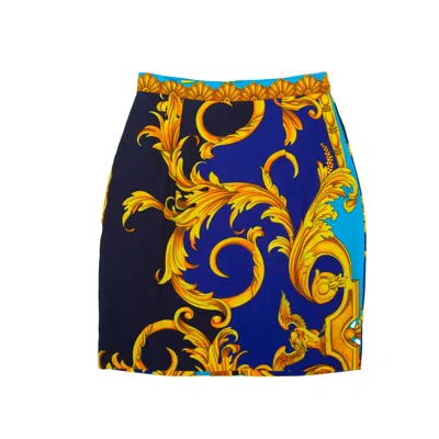 Sugar Cream Vintage Women's Blue 80s Baroque Medallion Gold Vintage Above Knee Length Skirt