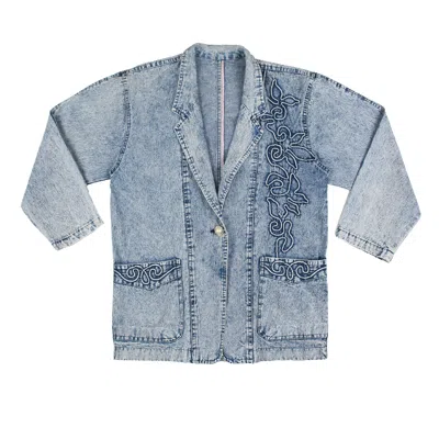 Sugar Cream Vintage Women's Blue Embroidered Collared Neck Denim Vintage Jacket