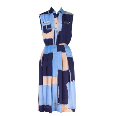 Sugar Cream Vintage Women's Blue Rope Print Vintage Dress With Collared Button-up Neckline