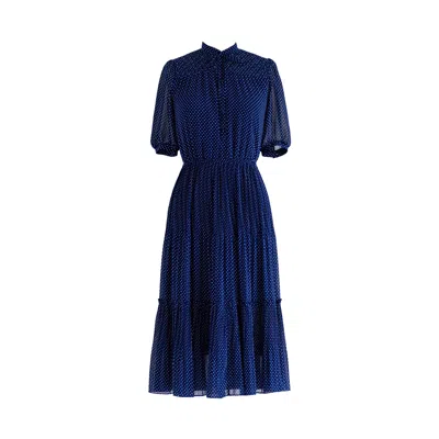 Sugar Cream Vintage Women's Blue Vintage Cuff Sleeved Mandarin Neck Chiffon Midi Dress
