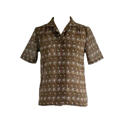 Sugar Cream Vintage Women's Brown Vintage White Floral Stripe Collared Polyester Blouse