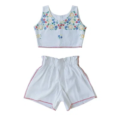 Sugar Cream Vintage Women's Colorful Floral Embroidered Summer Crop Top & Shorts Set In White