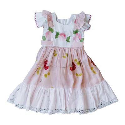 Sugar Cream Vintage Women's Girl's Floral Embroidered Dress With Lace Border In Pink/white