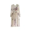 Sugar Cream Vintage Women's Neutrals Vintage Chiffon Cream V-neck Floral Print Pleated Midi Dress In White