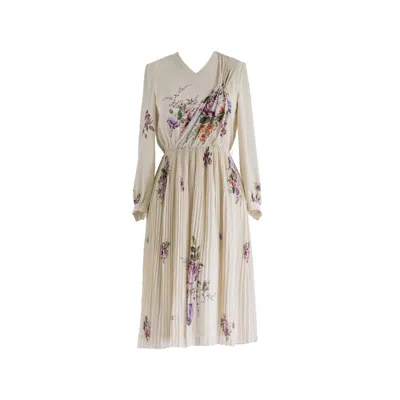 Sugar Cream Vintage Women's Neutrals Vintage Chiffon Cream V-neck Floral Print Pleated Midi Dress In White